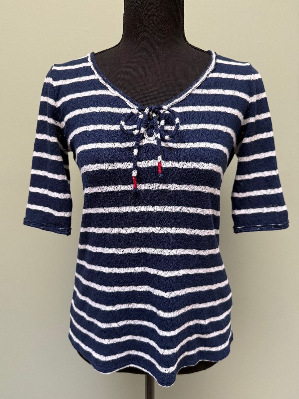 Lucky Brand Navy White Striped Pointelle Tie-Neck Knit Top Size S